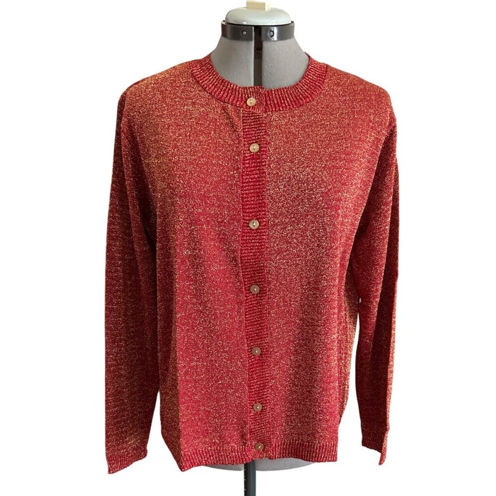 Blair Womens Red Glittery Button-Up Lightweight Cardigan Sweater Medium USA-Made - Picture 2 of 8